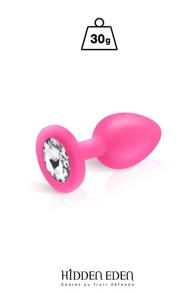 Plug anal bijou en silicone rose orné d'un strass transparent