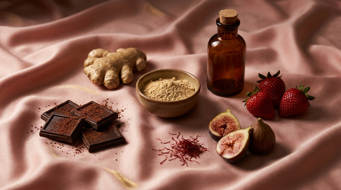 Aphrodisiaques naturels : chocolat noir, gingembre, maca, safran et figues sur satin rose