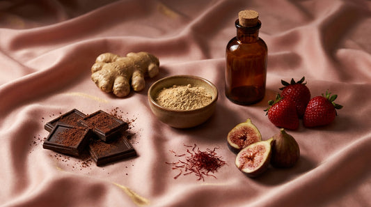 Aphrodisiaques naturels : chocolat noir, gingembre, maca, safran et figues sur satin rose