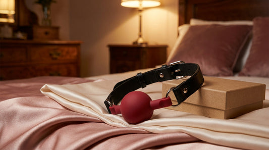 Bâillon BDSM boule rouge en silicone avec sangle en cuir, posé sur de la soie