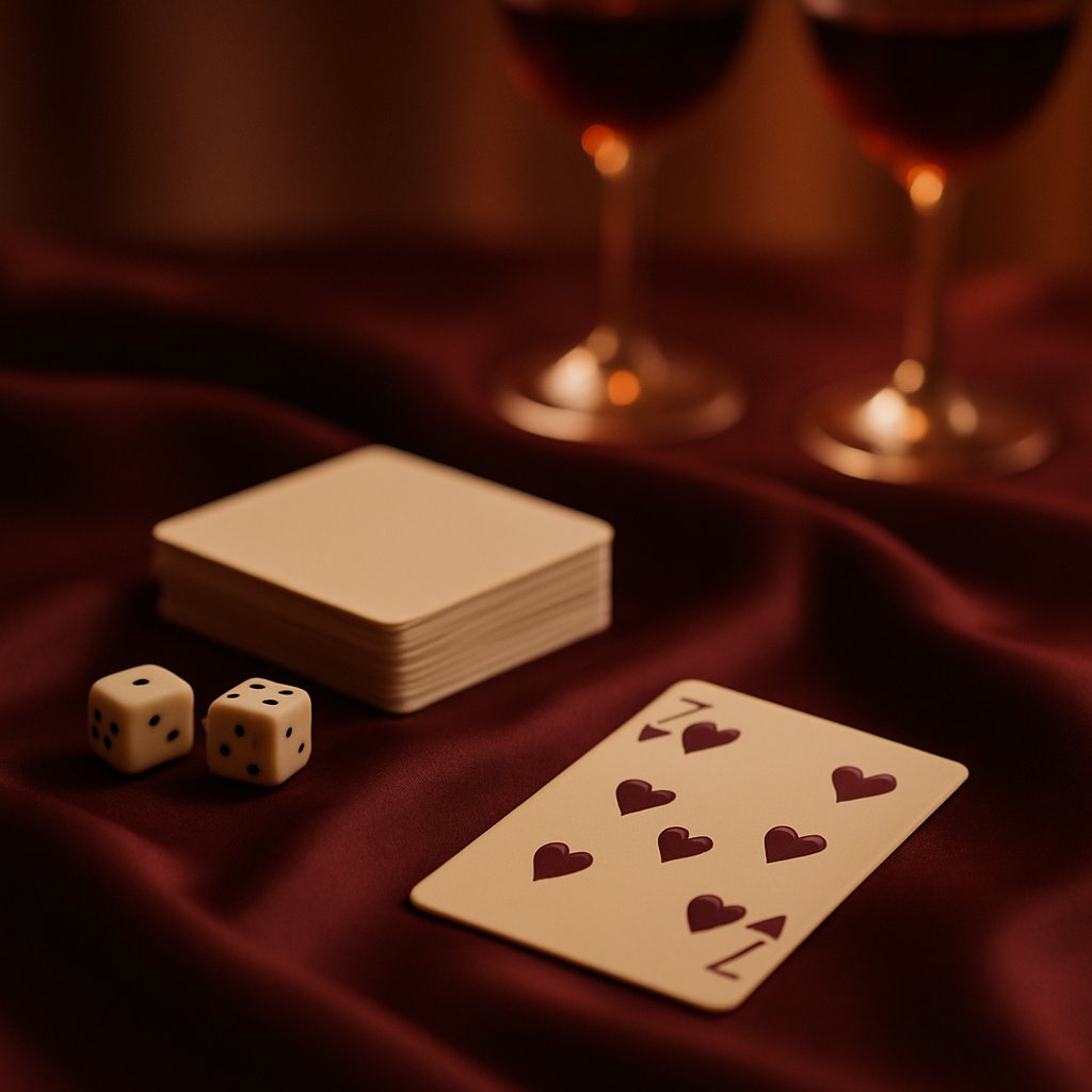 Jeux coquins pour couple : cartes, dés et vin sur satin bordeaux - guide Everymiss