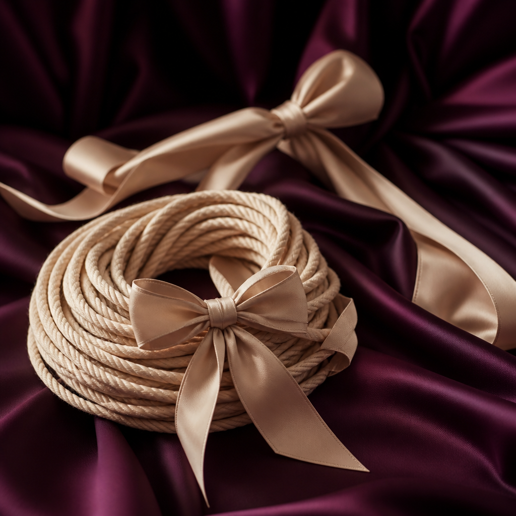 Corde douce soigneusement enroulée et attaches en satin sur soie prune, guide bondage débutant - Everymiss