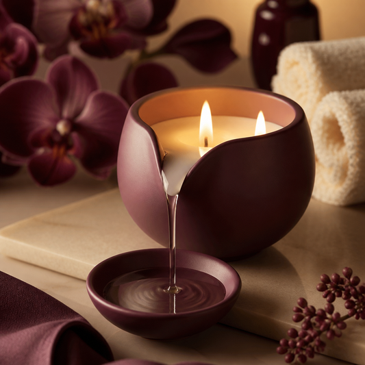 Bougie de massage allumée versant une huile chaude, nature morte prune et crème cosy, guide bougie de massage - Everymiss