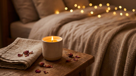 Bougie de massage allumée qui fond en huile tiède sur une table de nuit