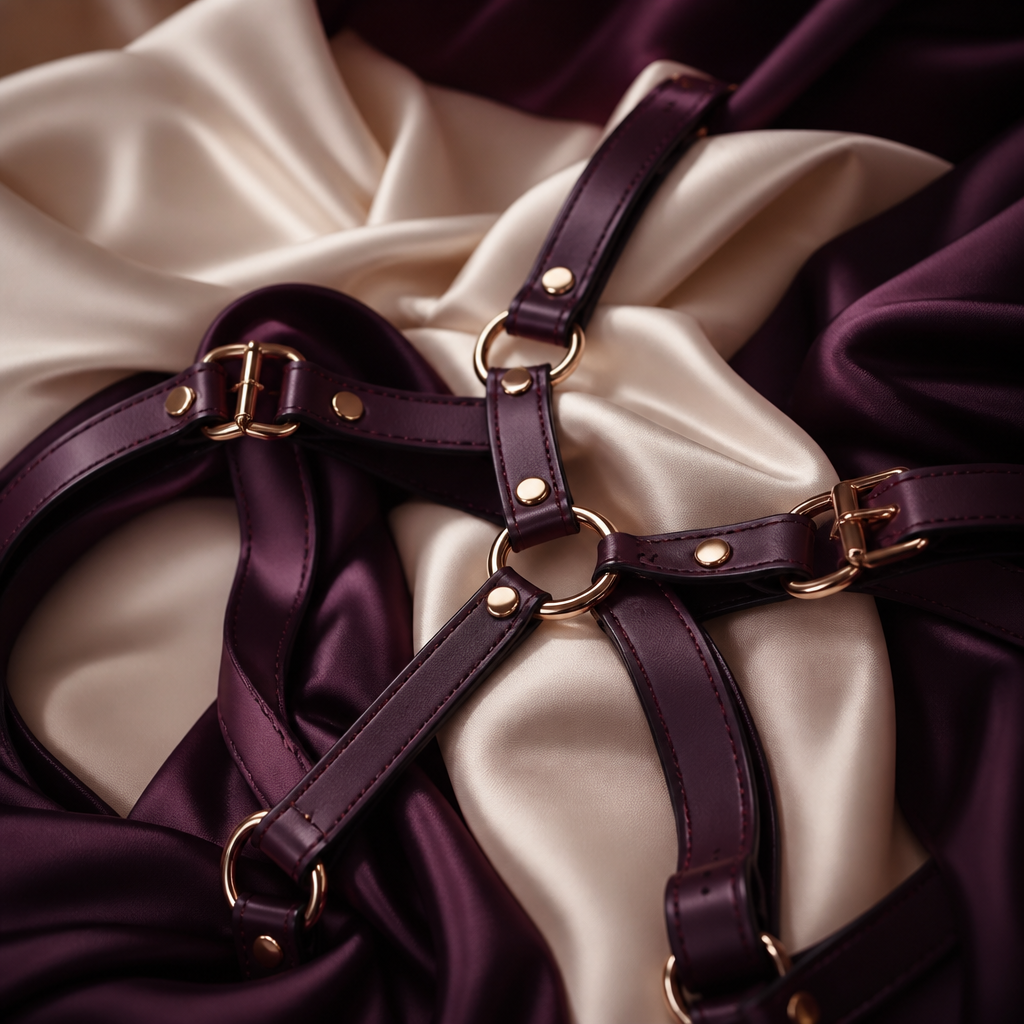 Sangles de harnais en cuir élégantes en nature morte abstraite sur soie, guide gode-ceinture - Everymiss