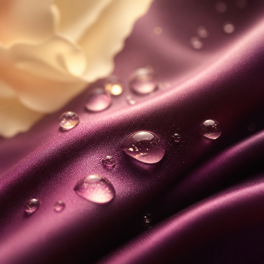Gouttes d'eau brillantes sur soie prune en macro, abstrait, guide pour choisir son lubrifiant idéal - Everymiss