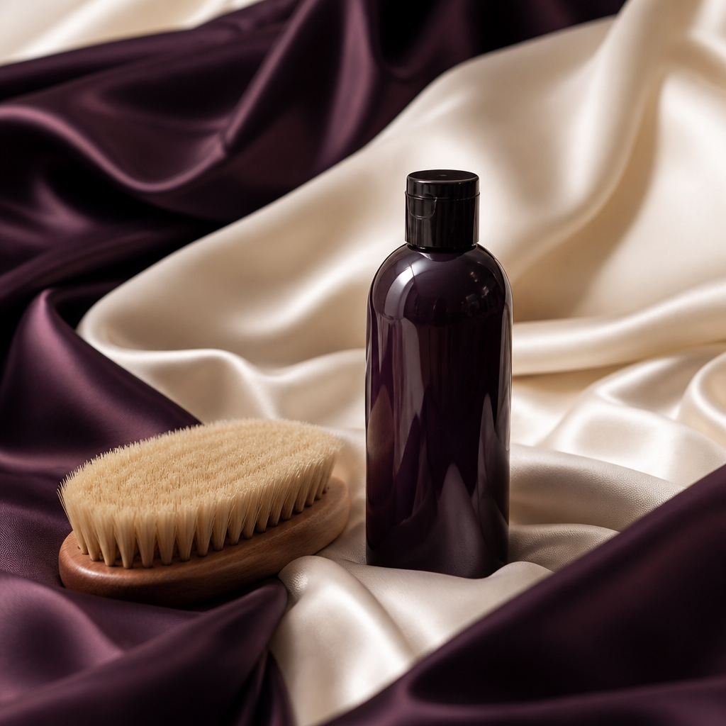 Brosse douce et flacon nettoyant sur satin, entretien des sextoys - Everymiss