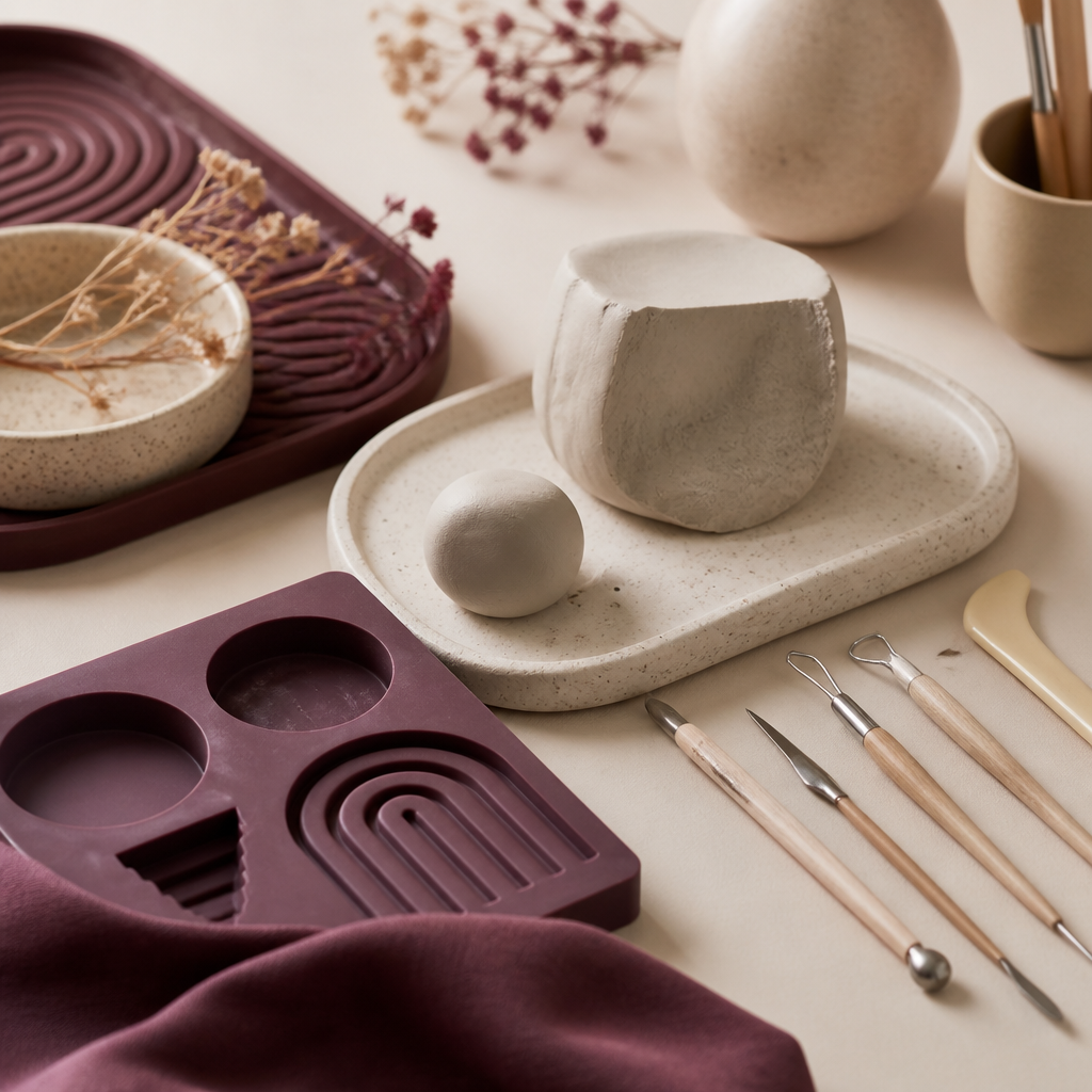 Pâte à modeler, outils de sculpture et moule en silicone sur un plan de travail pour fabriquer un godemichet DIY - Everymiss