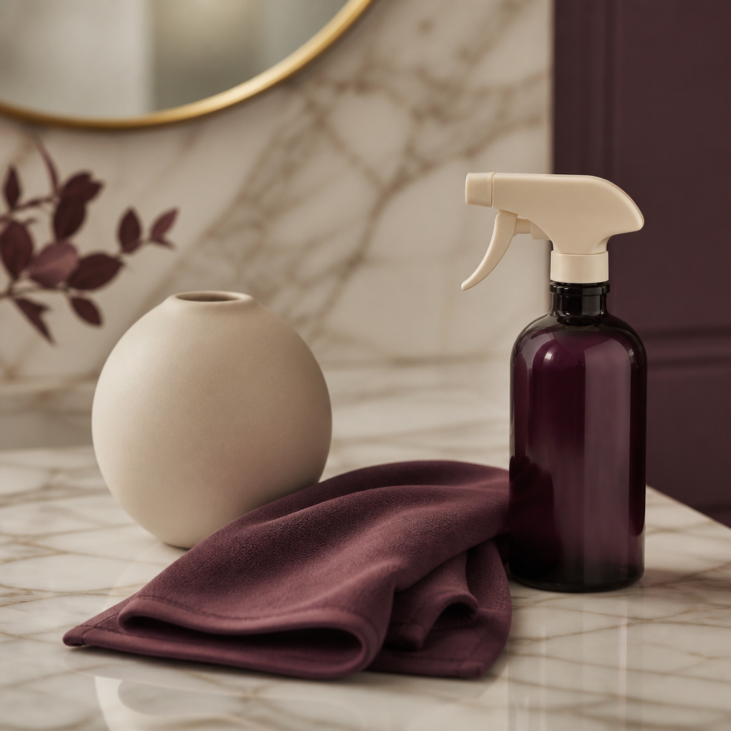 Objet mat, linge plié et flacon de nettoyant sur marbre, nettoyer un plug anal avec hygiène - Everymiss