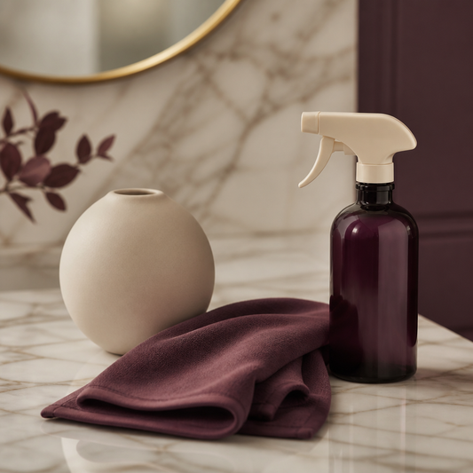 Objet mat, linge plié et flacon de nettoyant sur marbre, nettoyer un plug anal avec hygiène - Everymiss