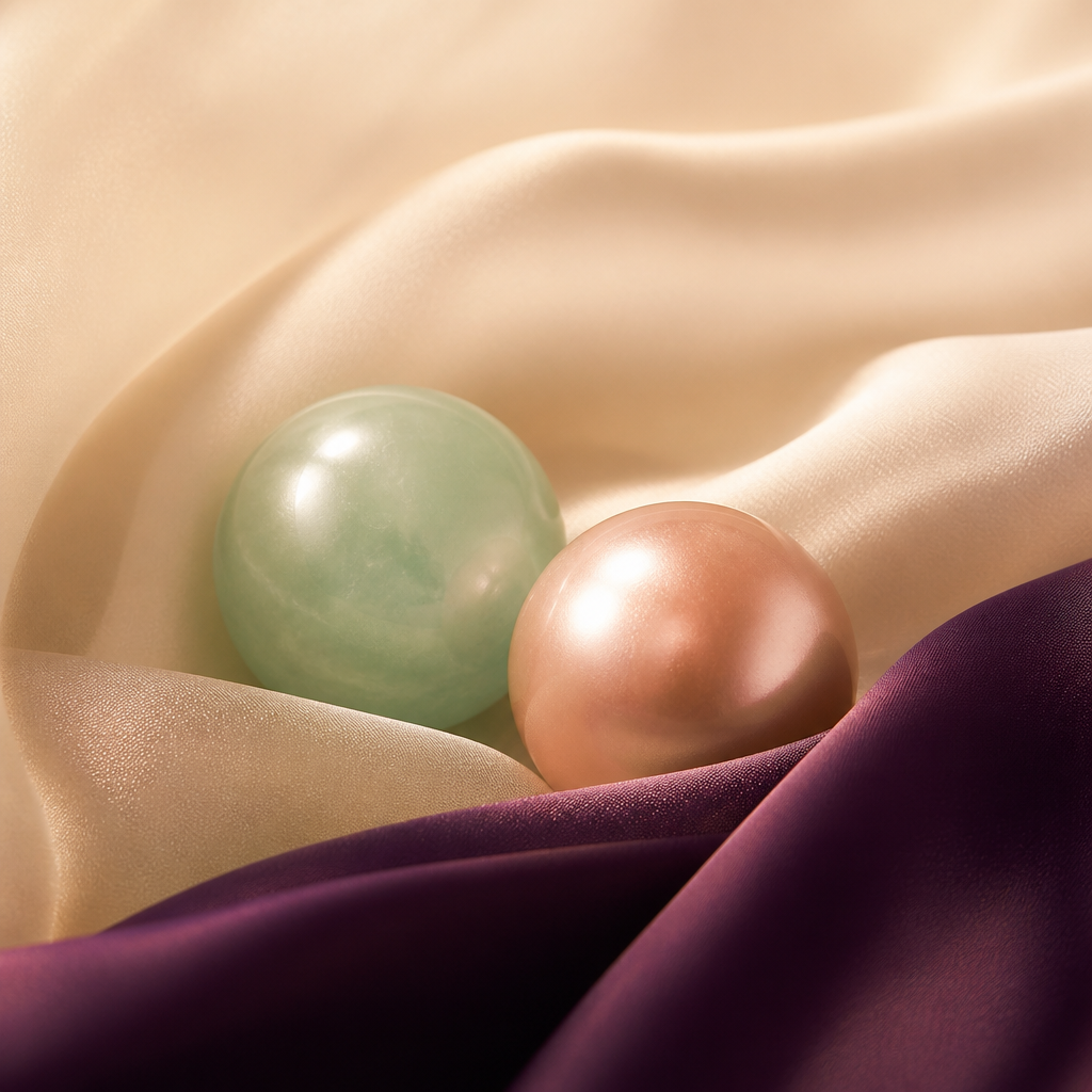 Deux sphères nacrées jade et or rose posées sur soie, minimaliste, guide pour utiliser les boules de geisha - Everymiss