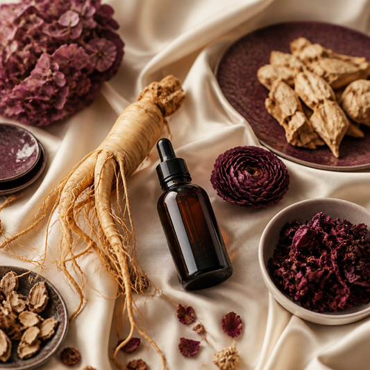 Racine de ginseng, botaniques séchées et flacon ambré, guide aphrodisiaque naturel - Everymiss