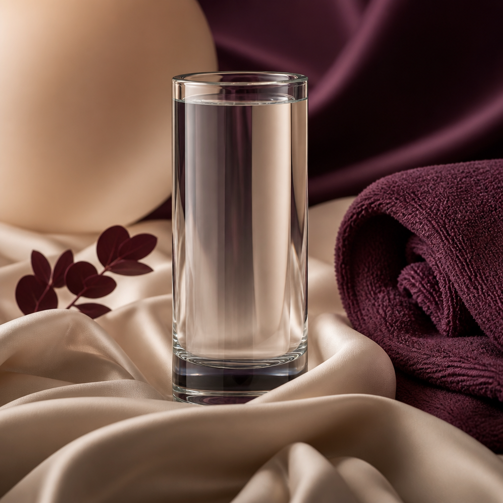 Cylindre de verre transparent et serviette douce sur soie crème, utiliser une pompe à pénis - Everymiss