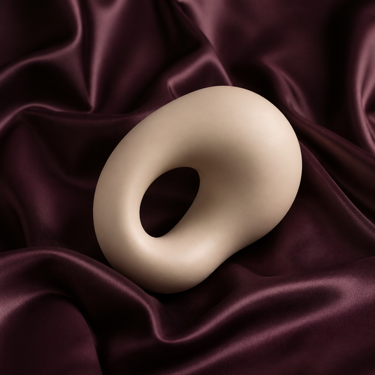 Objet sculptural mat posé sur soie prune, illustration élégante pour utiliser un godemichet - Everymiss