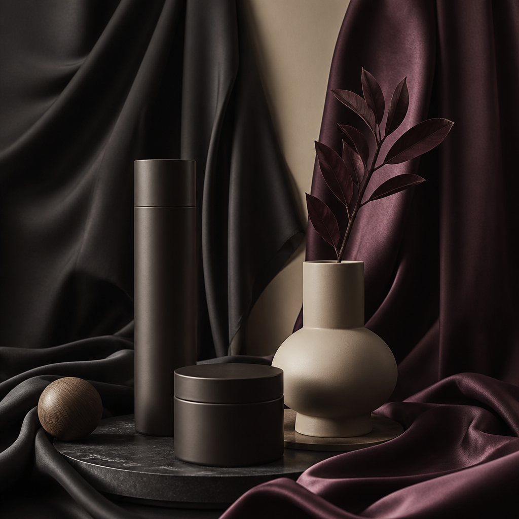 Arrangement raffiné d'objets sculpturaux mats sur soie anthracite et prune, comparatif sextoys masculins - Everymiss
