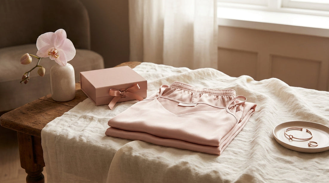 Culotte vibrante et lingerie soie rose sur lin crème, ambiance boutique Everymiss