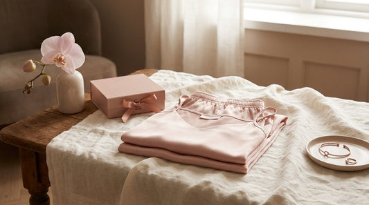 Culotte vibrante et lingerie soie rose sur lin crème, ambiance boutique Everymiss