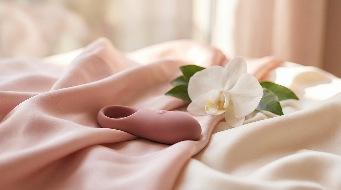Doigt vibrant en silicone posé sur du satin rose, guide 2026 Everymiss