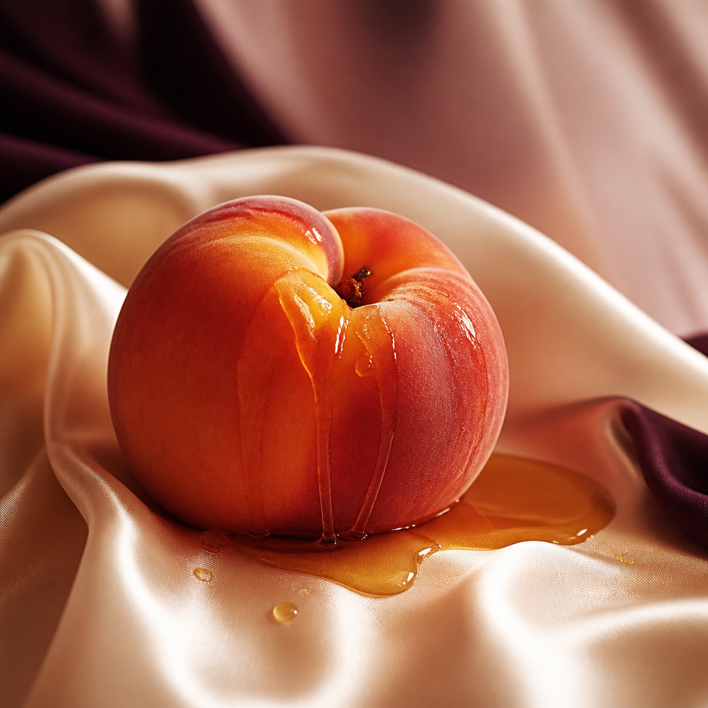 Pêche mûre nappée de miel sur soie crème, nature morte sensuelle - Everymiss