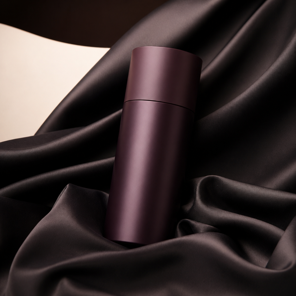 Objet cylindrique mat et épuré sur soie anthracite, produit masculin minimaliste - Everymiss