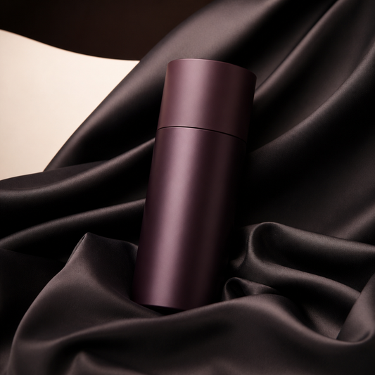 Objet cylindrique mat et épuré sur soie anthracite, produit masculin minimaliste - Everymiss