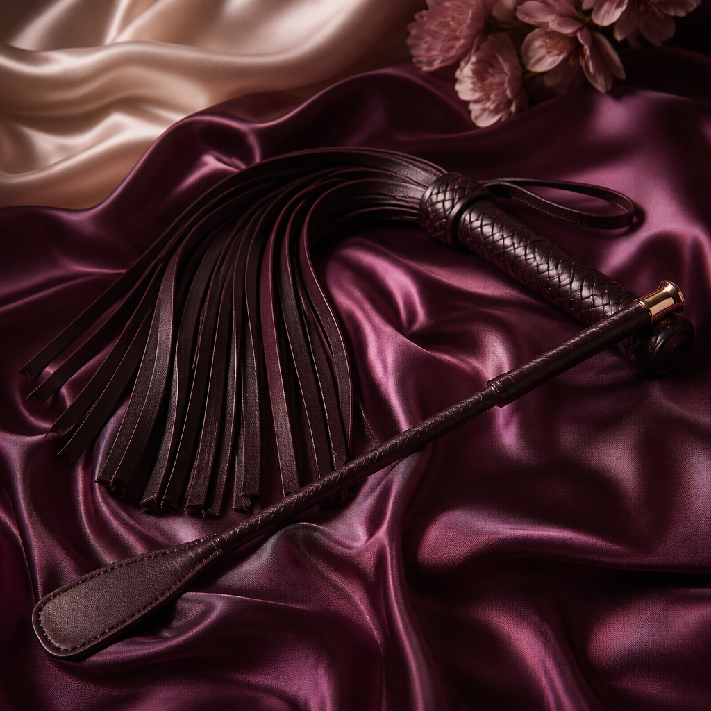 Martinet en cuir élégant et cravache posés sur soie prune, guide pour choisir son accessoire - Everymiss