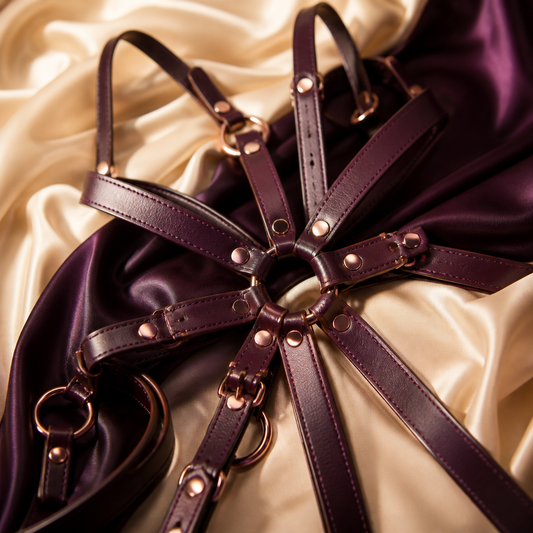 Sangles de harnais en cuir disposées avec élégance sur soie, gode ceinture et positions - Everymiss