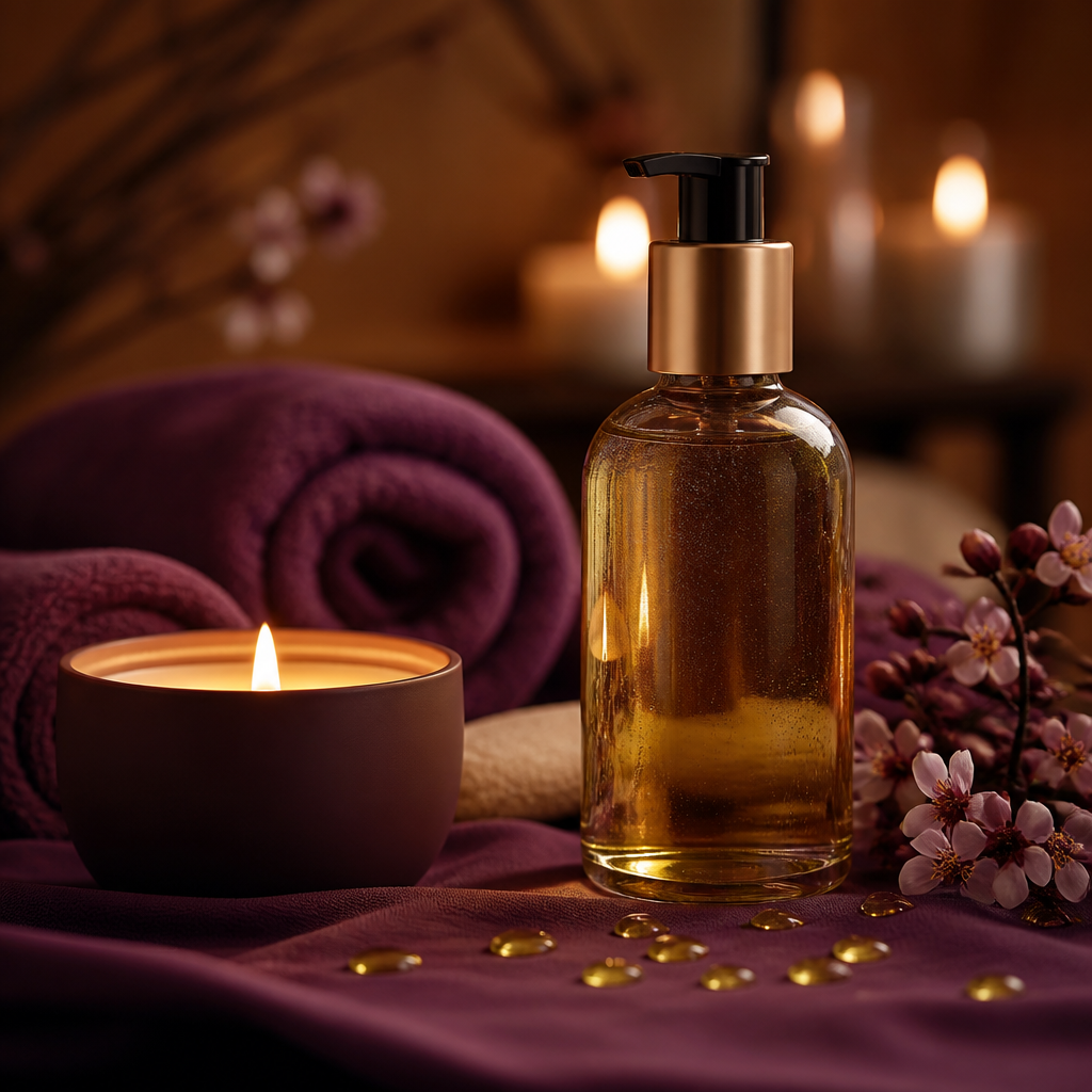 Flacon d'huile de massage, bougie allumée et gouttes d'huile brillantes dans une ambiance spa, guide complet huiles de massage - Everymiss