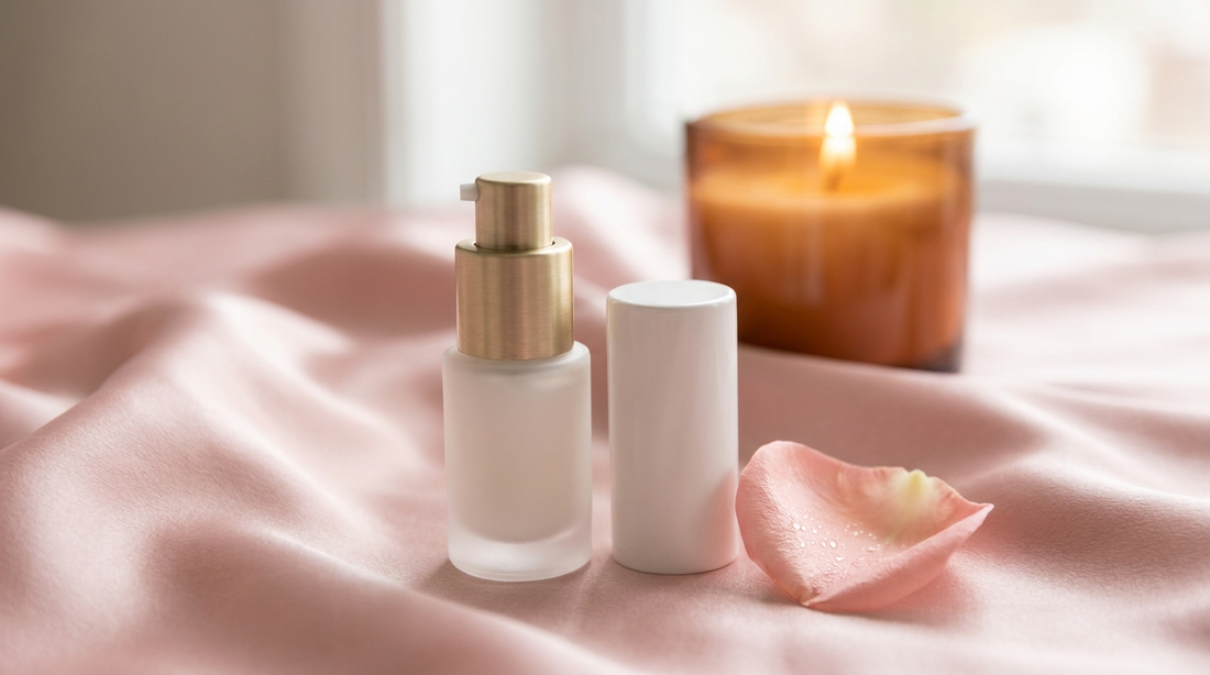 Flacon de gel excitant et tube posés sur un tissu de soie rose, ambiance chaleureuse