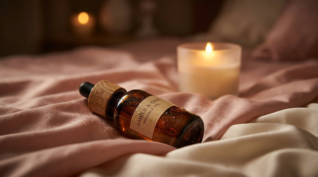 Huile de massage chauffante everymiss dans un flacon ambré sur soie blush à la lueur d'une bougie