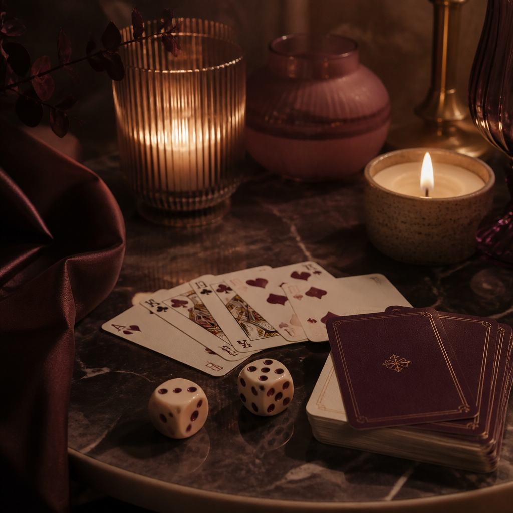 Cartes à jouer et dés sur une table aux chandelles, ambiance jeu intime pour jeux érotiques en ligne - Everymiss