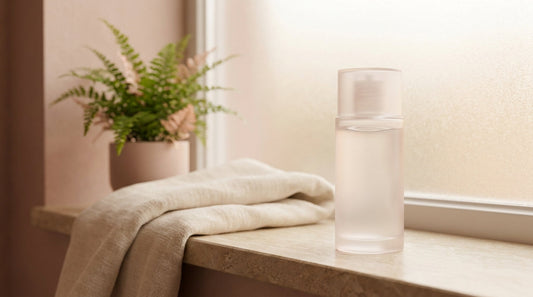 Bouteille de lubrifiant intime sur une étagère de salle de bain, ambiance douce et discrète