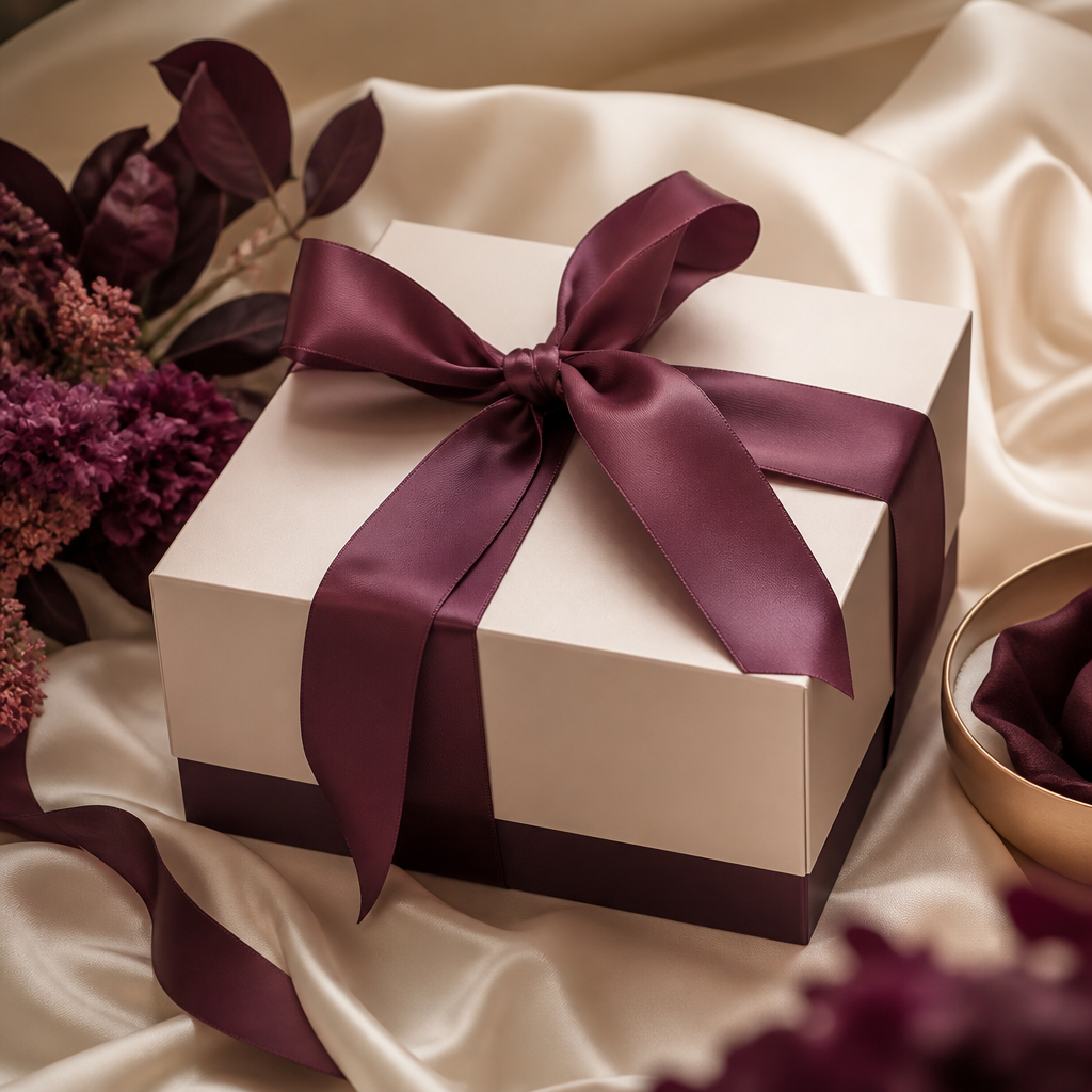 Coffret cadeau élégant avec ruban prune, comparatif des meilleurs sexshops en Belgique - Everymiss