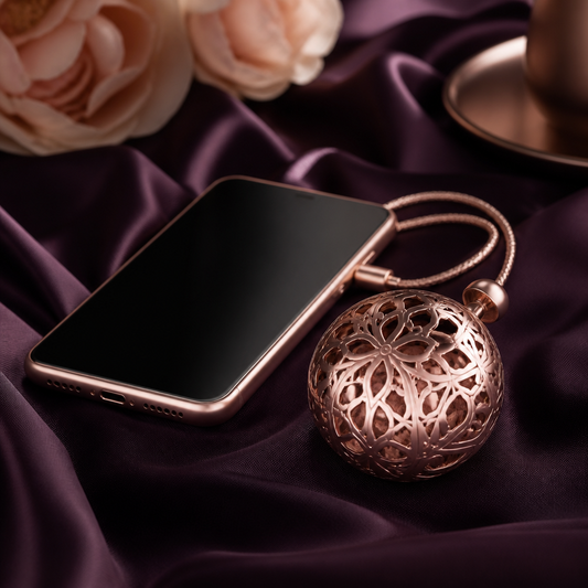 Objet doré rose près d'un smartphone sur soie prune, technologie connectée élégante - Everymiss