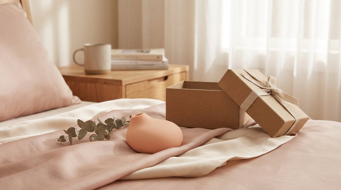 Pompe à clitoris posée sur de la soie blush, ambiance éditoriale douce