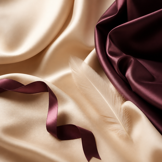 Satin drapé élégant, plume douce et ruban sur soie crème - Everymiss