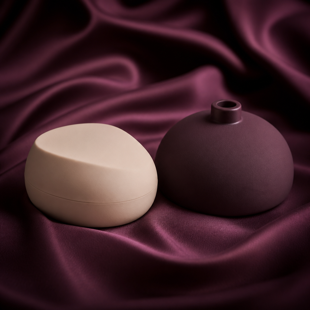 Deux objets minimalistes mats côte à côte sur soie prune, différence gode et vibromasseur - Everymiss