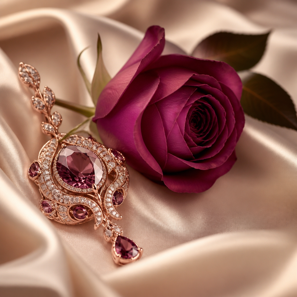 Ornement bijou en or rose et rose unique sur soie crème, différence entre plug anal et rosebud - Everymiss