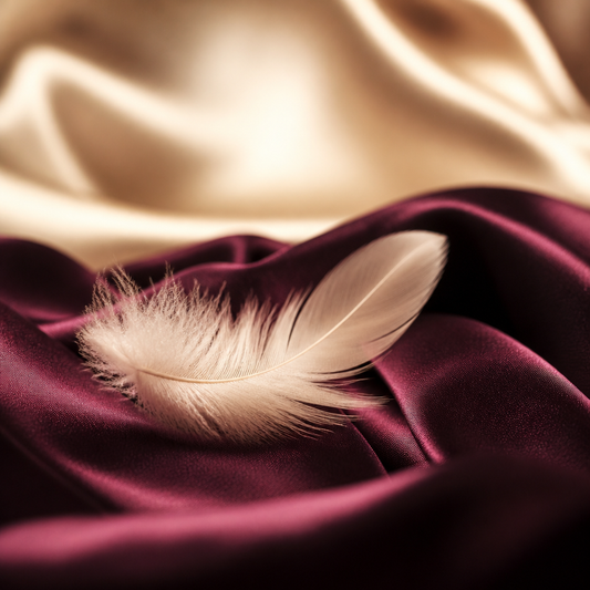 Plume délicate posée sur soie prune drapée, abstrait sensuel - Everymiss