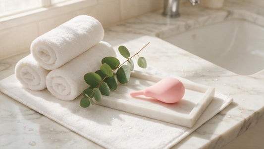 Douche anale et hygiène intime : accessoires posés dans une salle de bain épurée