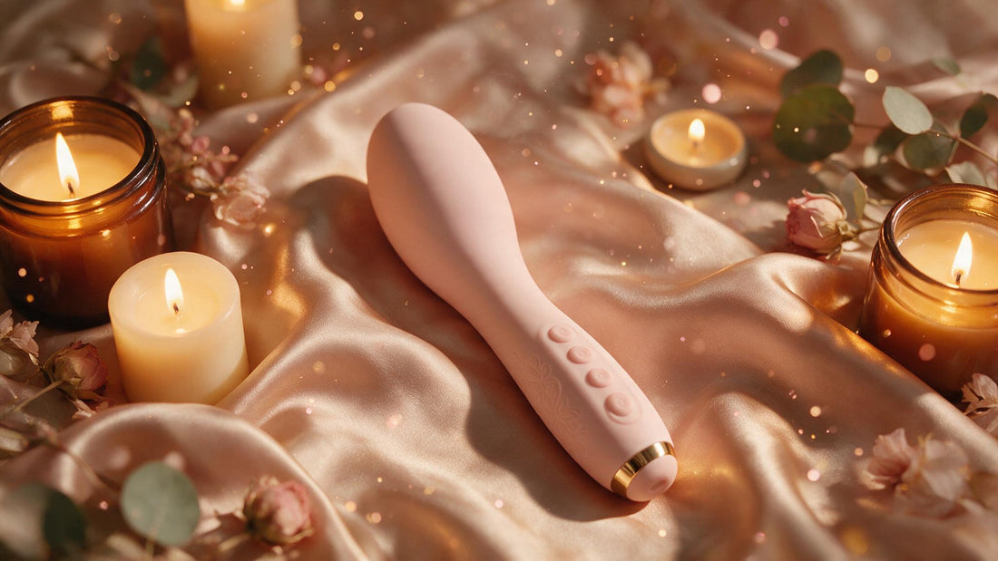Vibromasseur chauffant posé sur de la soie avec bougies, ambiance chaleureuse