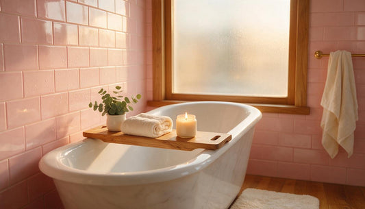 Salle de bain carrelée rose à la lumière douce, ambiance intime pour illustrer le guide du gode ventouse