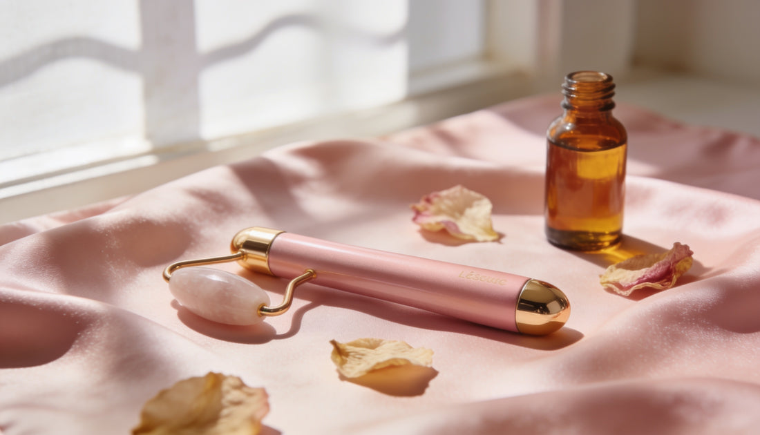 Vibromasseur wand rose et or pose sur un tissu satin, ambiance cosy et feutree