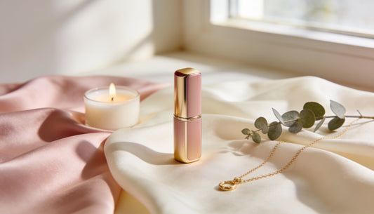 Mini vibromasseur bullet discret posé sur de la soie rose poudrée