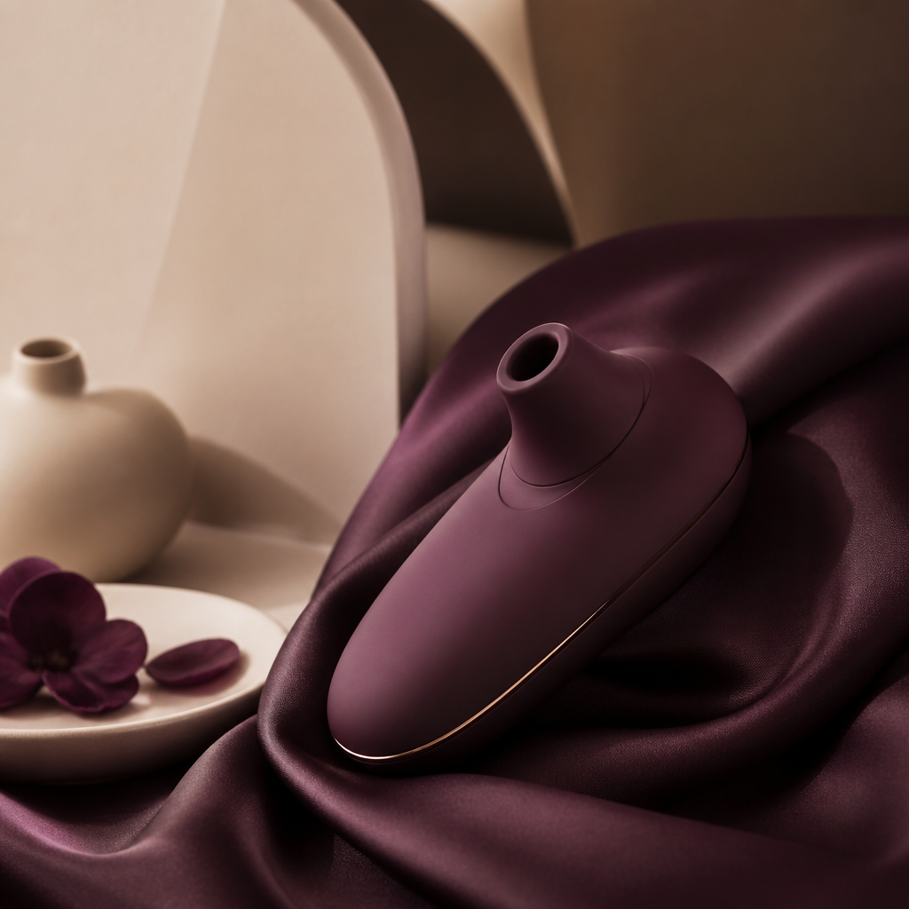Appareil de bien-être mat couleur prune posé sur soie, nature morte minimaliste pour choisir son Satisfyer - Everymiss