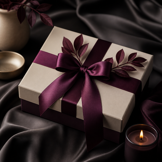 Coffret cadeau élégant avec ruban prune et accents masculins mats sur soie anthracite - Everymiss