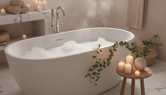 Salle de bain chaleureuse avec baignoire, bougies et serviettes, ambiance spa pour illustrer le guide du sextoy étanche