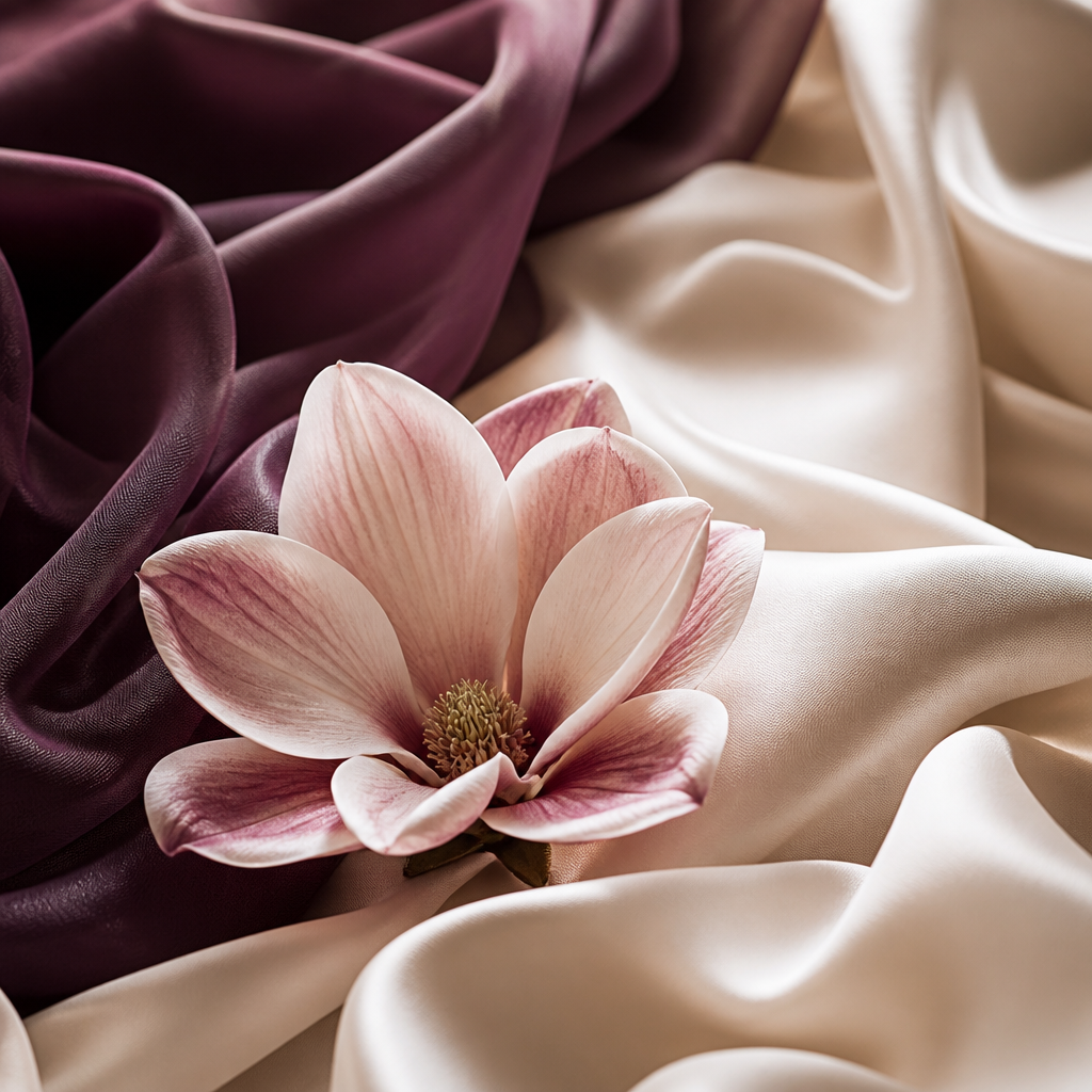 Tissu doux plié et fleur délicate sur soie crème, bien-être tout en douceur - Everymiss