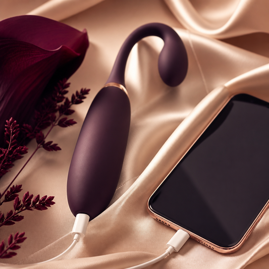 Stimulateur mat épuré près d'un smartphone sur soie crème, tech connectée - Everymiss