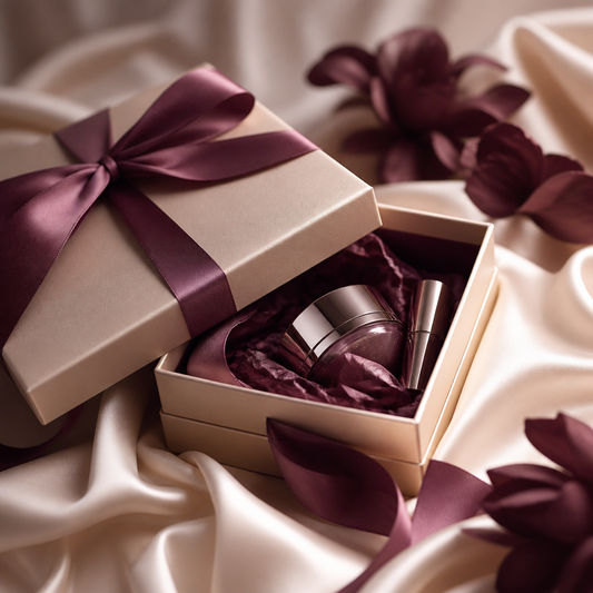 Coffret cadeau élégant avec ruban prune s'ouvrant en douceur sur soie crème, guide complet sextoys débutants - Everymiss